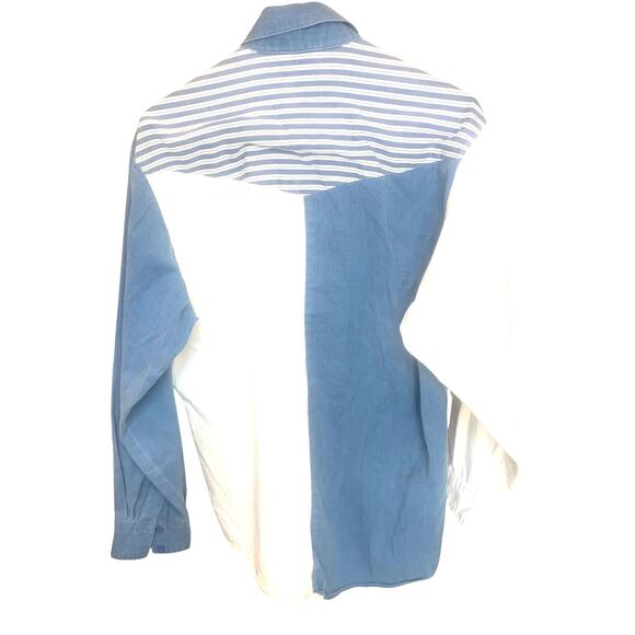 Vtg Roper Denim Chambray Button Down Shirt XL Blue White Color Block Patchwork - Picture 4 of 5